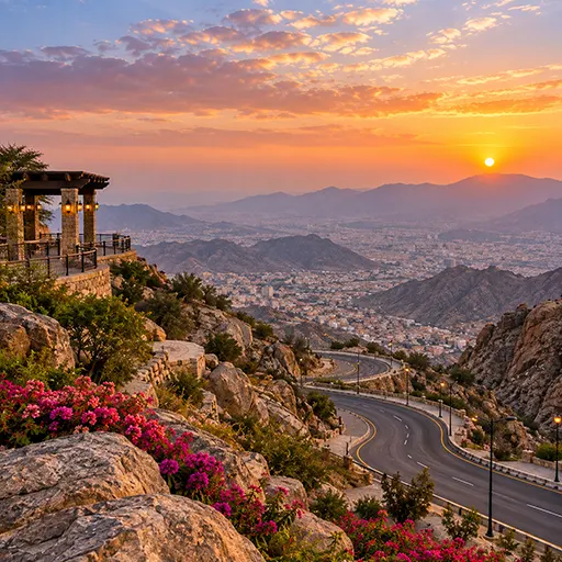 Scenic mountain landscape and winding roads in Taif, Saudi Arabia